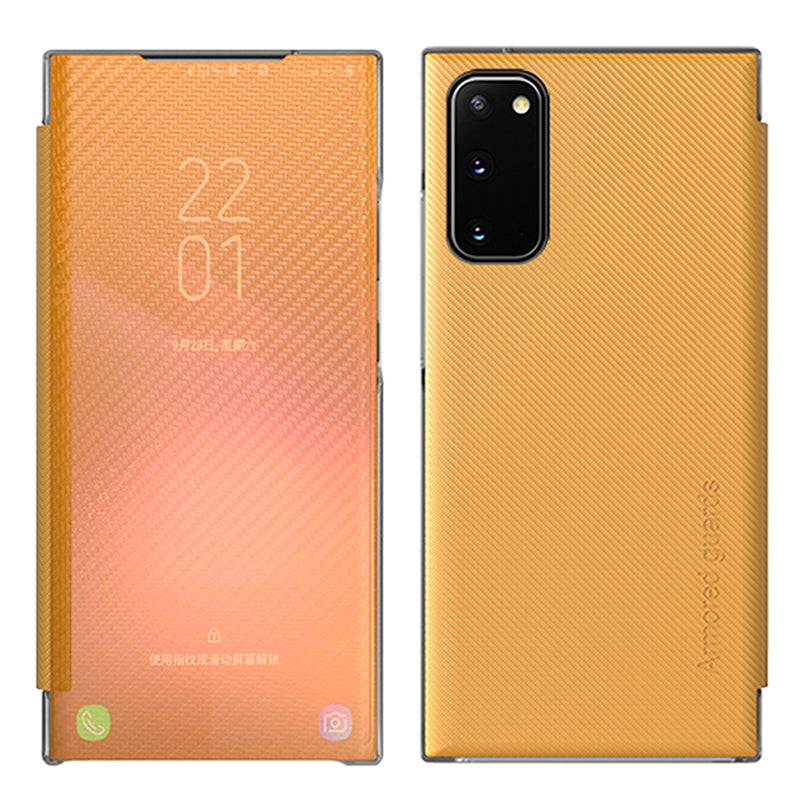 Translucent Anti-Fingerprint Folio Flip Carbon Fiber Hard PC Kickstand Case for Samsung Galaxy S20 4G/S20 5G - Yellow Translucent Anti-Fingerprint Folio Flip Carbon Fiber Hard PC Kickstand Case for Samsung Galaxy S20 4G/S20 5G - Yellow
